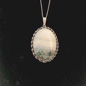 Scenic Moss Agate Mountain and Clouds Landscape Rock in Sterling Silver Twist Pendant and 20.5&quot; Chain
