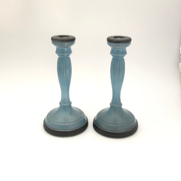 Pair of Indiana Glass Fine Ribbed Tall Candlestick Holders Blue-Gray with Black Trim Vintage 1930's Depression Glass