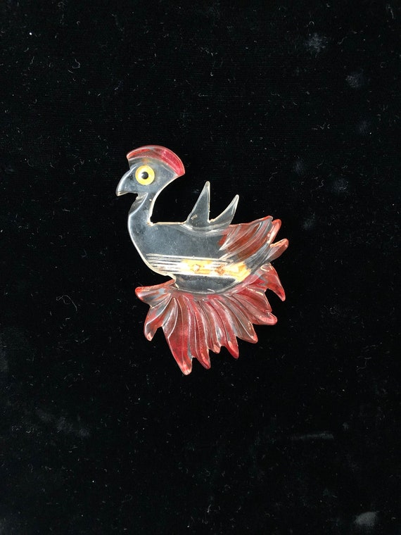 Carved Lucite Bird Pin Brooch with Fabulous Red Fe
