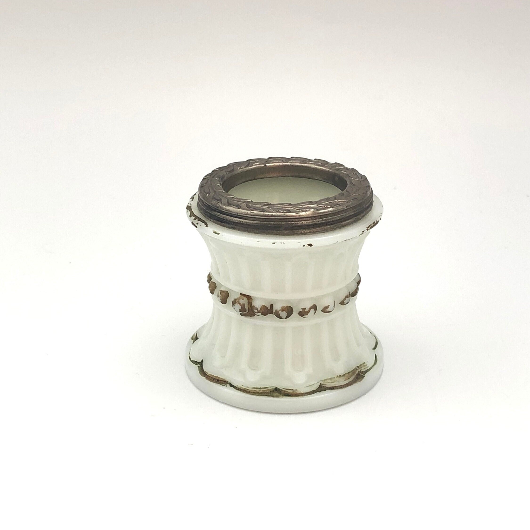 Vintage Milk Glass Toothpick Holder: Gold Painted Beaded 