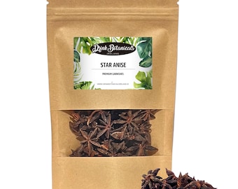 May include: A brown paper bag with a label that reads "Drink Botanicals Ireland" and "Star Anise Premium Garnishes". The bag contains star anise, a brown spice with a star shape.
