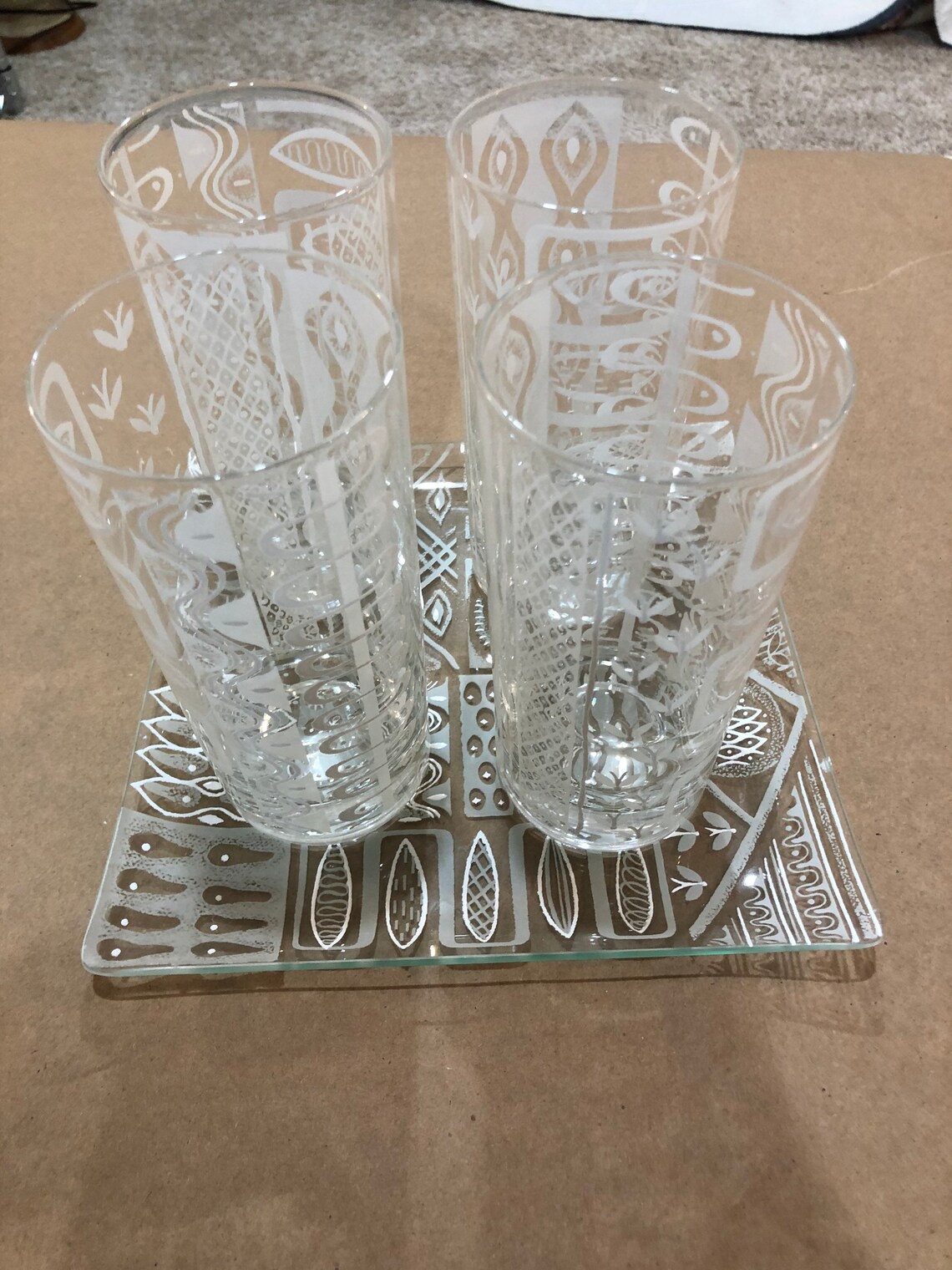 Four hand painted white drinking glasses and serving tray Etsy