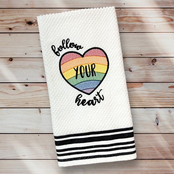 Embroidered Hand Towel. Follow Your Heart Rainbow! Decorative & Functional LGBTQ Pride Gift. Great Hostess Gift. Use In Kitchen Or Bathroom.
