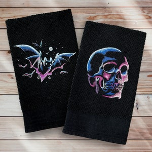 Embroidered Halloween Hand Towel. Functional, Decorative Gift For The Halloween - Spooky Season. Skulls & Bats. Use In Kitchen Or Bathroom.