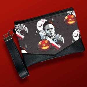 Michael Myers Halloween Reißverschlusstasche mit Handschlaufe. Stoff und Vinyl Beutel. Hält Telefon, Brieftasche, Schlüssel, Kosmetik und mehr. Horror Fan Geschenk.