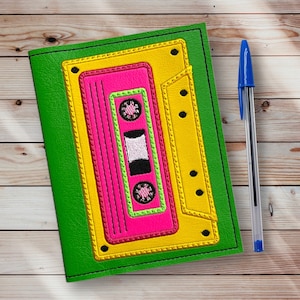 Retro 80&#39;s Style Cassette Tape Notebook Cover. Green Embroidered Vinyl Journal Cover. Notebook Included! Recipe Book. Perfect Novelty Gift!