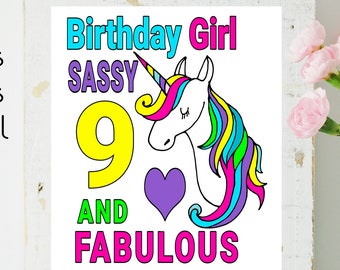 Birthday Girl 9 Sassy and Fabulous Instant Download Einhorn Grafiken Clipart Einhorn Geburtstag Party 9 Jahre alte Mädchen PNG-PDF