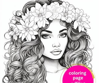 Marcimo Art • Kleurplaat voor volwassenen Grijstinten kleurplaat • Direct downloaden • JPEG, PDF Kleur Mooi Haar Make-up "MIKA"