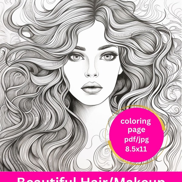 Marcimo Art • Coloring Page for Adults  Grayscale Coloring Page • Instant Download •  JPEG, PDF Color Beautiful Hair Makeup "Ashton"