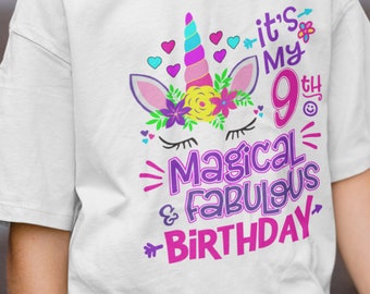 It's My 9th Magical & Fabulous Birthday Unicorn Face Instant Download Graphics Clipart Unicorn Birthday Party 9 Year old Girls PNG-PDF