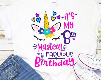 It&#39;s My 8th Magical & Fabulous Birthday Unicorn Face Instant Download Graphics Clipart Unicorn Birthday Party 8 Year old Girls PNG-PDF-JPEG