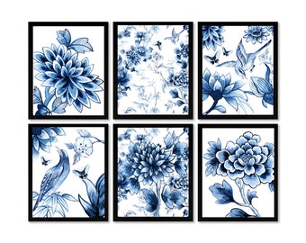 Chinoiserie Blue Floral Art Prints (Set of 6)  Instant Digital Download Art Botanical Floral Birds Flowers Indigo China Blue Floral PDF JPG