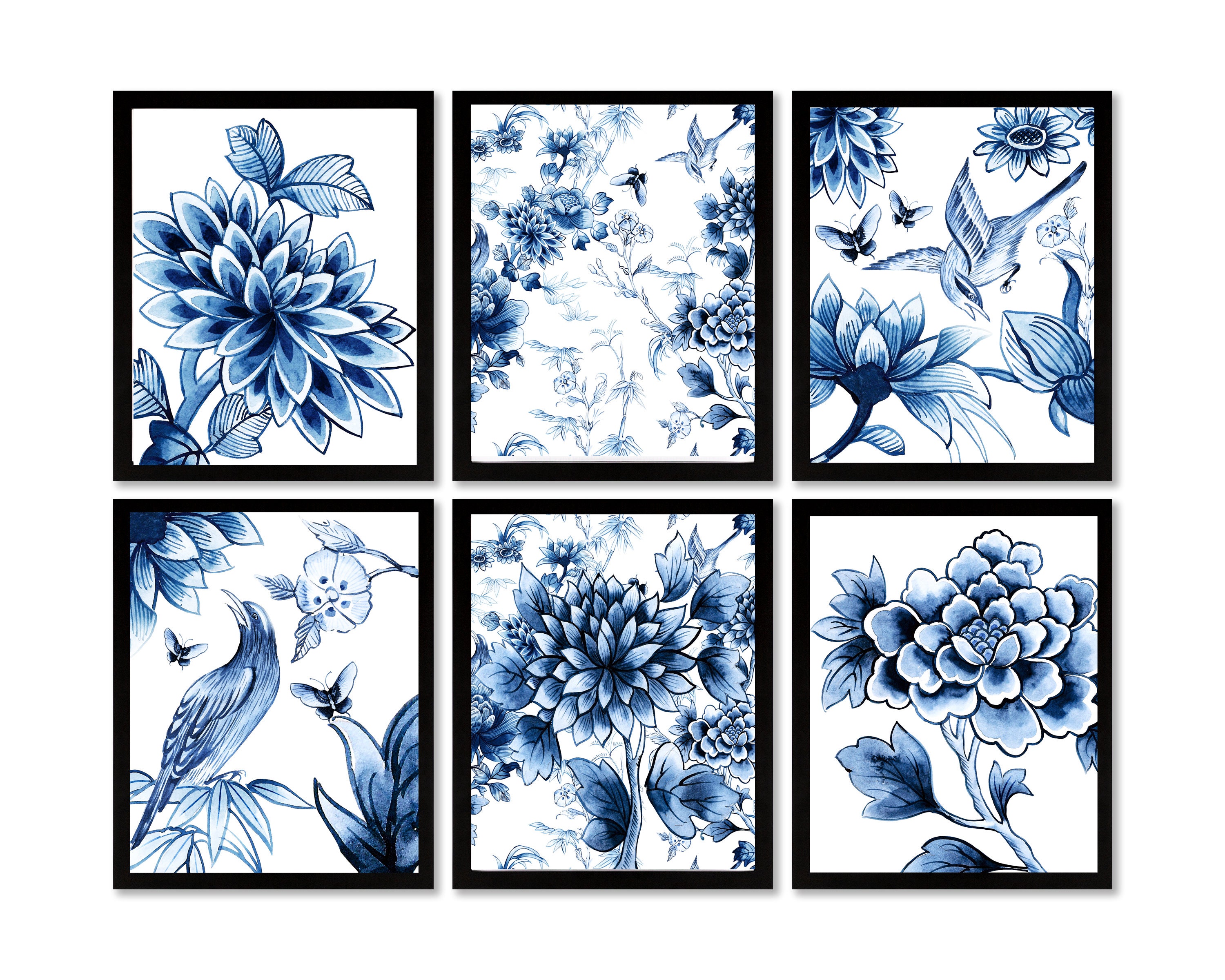 Chinoiserie Blue Floral Art Prints set of 6 Instant Digital Etsy