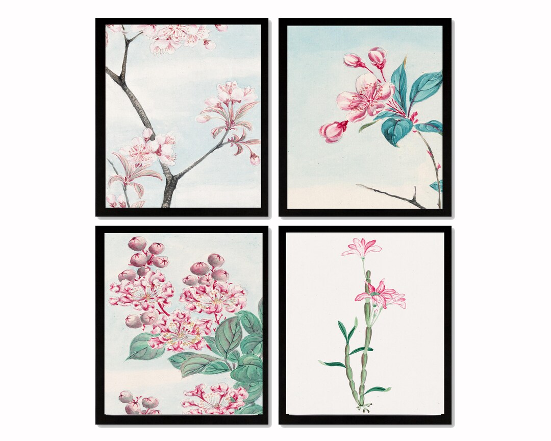 Vintage Japanese Cherry Blossom Art Prints set of 4 Instant Digital