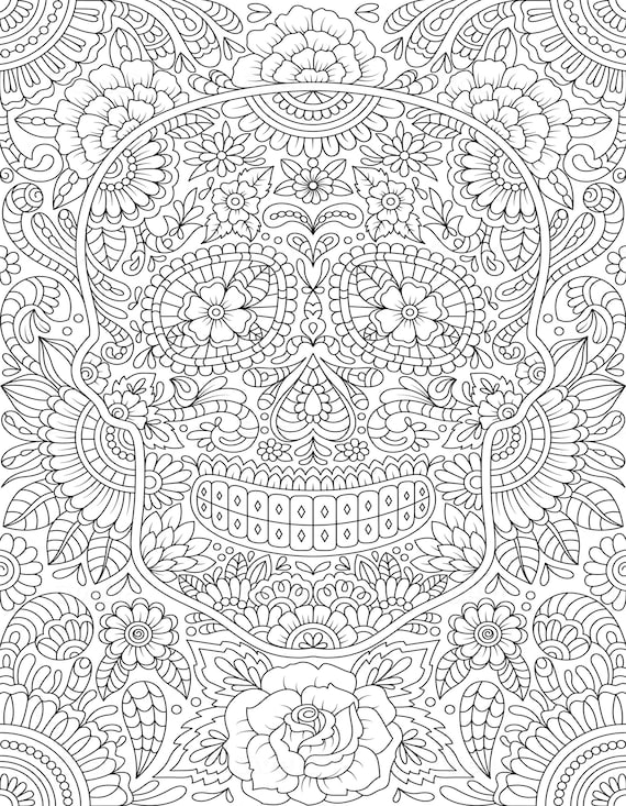 Challenging Handrawn Sugar Skull Coloring Page Instant | Etsy
