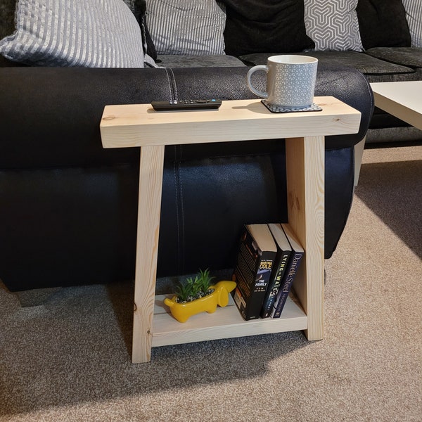 Narrow Rustic Wooden A-shaped Side Table with bottom shelf, handmade Sofa End Table various colour and size options
