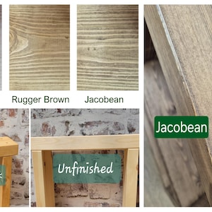 May include: A collection of wood finish samples including Light, Rugger Brown, and Jacobean, alongside a Light Oak stool, an Unfinished wood frame, and a close-up of a Jacobean stained wood surface, showcasing various wood grain textures and tones.