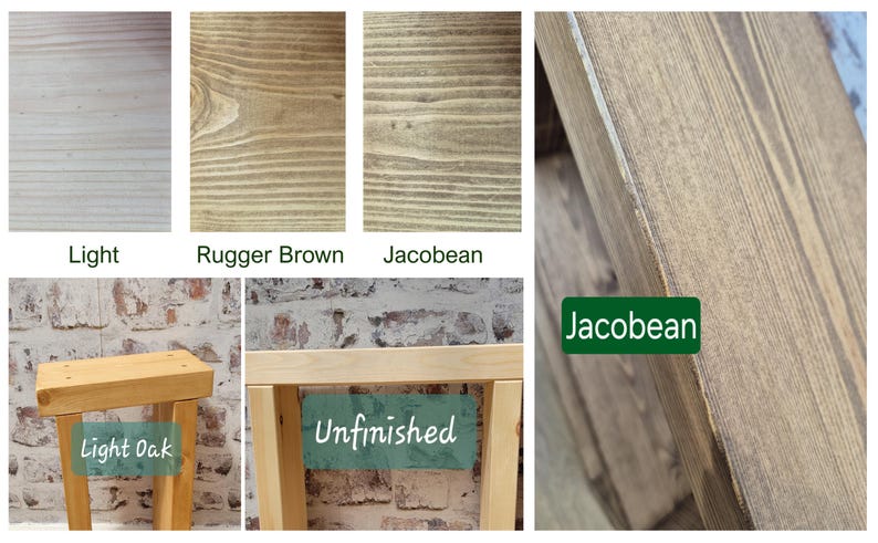 May include: A collection of wood finish samples including Light, Rugger Brown, and Jacobean, alongside a Light Oak stool, an Unfinished wood frame, and a close-up of a Jacobean stained wood surface, showcasing various wood grain textures and tones.