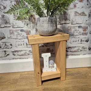May include: A light brown wooden side table with a rectangular top and a lower shelf. A grey textured planter with a green fern sits on the top. A white letter L with small lights and a small crocheted penguin figure are placed on the lower shelf.