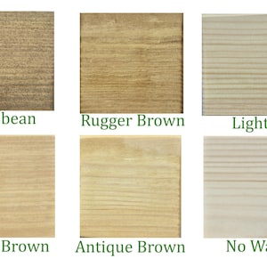 May include: Six square wood samples arranged in two rows, displaying various finishes labeled Jacobean, Rugger Brown, Light, Light Brown, Antique Brown, and No Wax. Each sample shows distinct wood grain patterns and color variations ranging from dark brown to light natural wood tones.