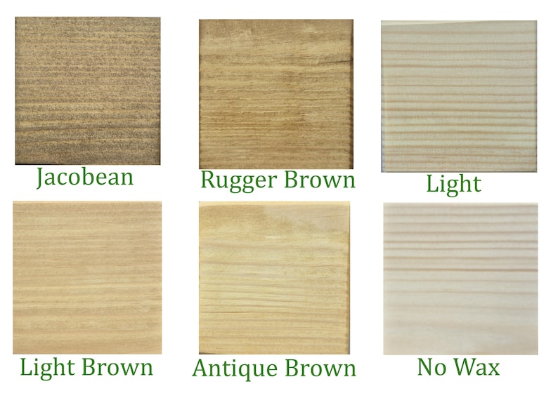 May include: Six square wood samples arranged in two rows, displaying various finishes labeled Jacobean, Rugger Brown, Light, Light Brown, Antique Brown, and No Wax. Each sample shows distinct wood grain patterns and color variations ranging from dark brown to light natural wood tones.