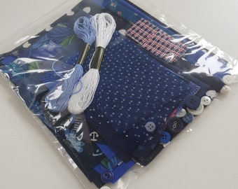 DARK BLUE slow stitching fabrics bundle | clothing repair & decoration kit