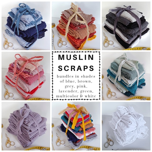 Muslin SCRAPS BUNDLES in shades of Blue / Brown / Yellow / Grey / White / Black / Pink / Red / Lavender / Green / Petrol / Multicolor