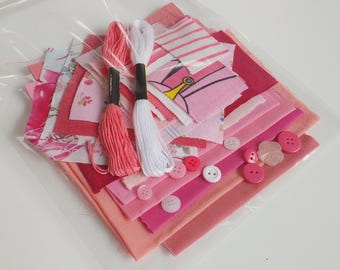 PINK color coordinated slow stitching fabrics bundles for art, crafts, clothing repair & decoration