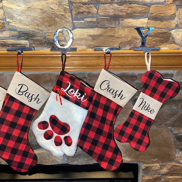 Personalized Christmas Stocking| Custom Stocking| Red Check Buffalo Plaid| Matching Pet and Owner Stocking| Dog Stocking| Fast Shipping