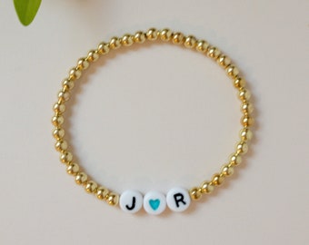 Personalized Initial Bracelet - 14k Gold Filled Beaded Women’s Stretch Stackable Gold Ball Bracelet with Heart - Custom - Personalized Gift