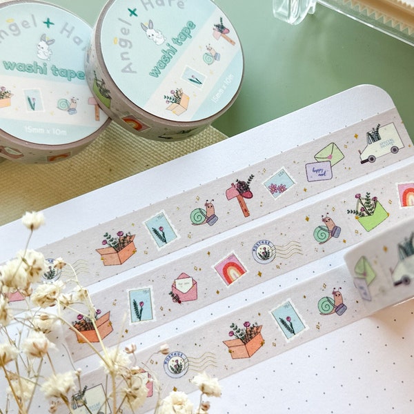 Happy Mail Washi Tape | Gold Foil Journal Washi Tapes Bujo Postage Delivery Letter Mail Cute Sparkle Masking Tape Sticker Planner Deco