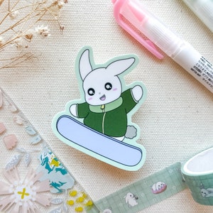 Snowboard Bunny Wasserdichter Aufkleber | Matt Vinyl Laptop Aufkleber Süßer Kaninchen Schnee Hase Haltbare Helm Auto Aufkleber | Engel + Hase