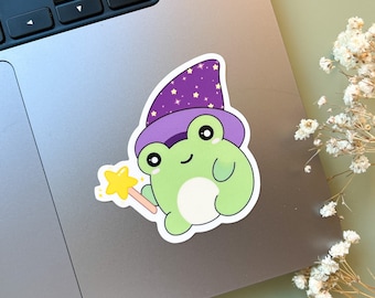 Wizard Froggy Waterproof Sticker | Cute Frog Sticker Halloween Wizard Hat Witch Magic Wand Kawaii Frog Vinyl Laptop Water Bottle Stickers