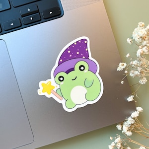 Wizard Froggy Waterproof Sticker | Cute Frog Sticker Halloween Wizard Hat Witch Magic Wand Kawaii Frog Vinyl Laptop Water Bottle Stickers