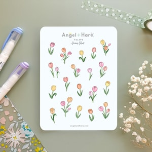 Feuille d'autocollants tulipes | Autocollant floral mat givré fleurs printanières transparentes Dessin au trait Feuilles botaniques Autocollants déco Bullet Journal mignons