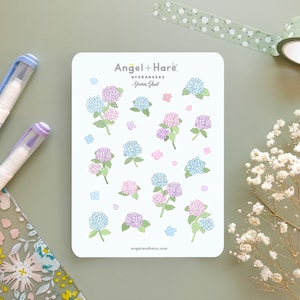 Feuille d'autocollants hortensias | Sticker floral transparent mat, givré, dessin au trait, fleurs de printemps botaniques, feuilles, Stickers déco Bullet Journal mignons