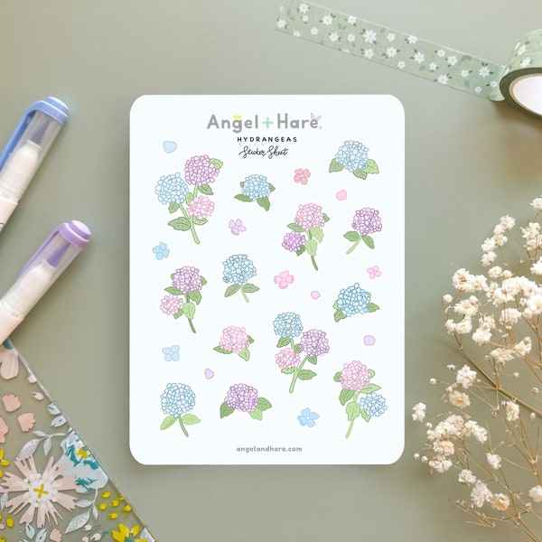 Hydrangeas Sticker Sheet | Clear Frosted Matte Floral Sticker Line Drawing Botanical Spring Flowers Leaves Cute Bullet Journal Deco Stickers