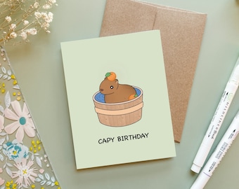 Capy Birthday | Capybara Animal Birthday Card Cute Funny Greeting Card Punny Bday Capybara Gift | Angel + Hare