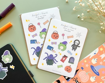 Trick or Treat Sticker Sheet | Halloween October Spooky Season Fall Pretty Journal Cute Stickers Witchy Frog Pumpkin Candy Octopus Skeleton