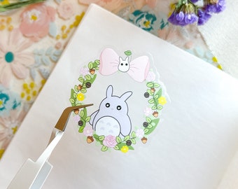 Floral Wreath Waterproof Sticker | Clear Vinyl My Neighbour Bunny Mouse Waterproof Laptop Sticker Cute Japanese Anime Bottle Decal Sticker