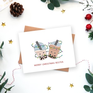 Merry Christmas Bestea | Bestie Card Cute Bubble Tea Christmas Card For Best Friend Besties Boba Asian Food Holiday Gift Xmas Lights