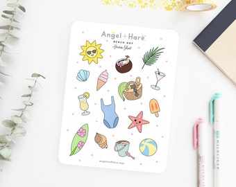 Beach Day Sticker Sheet | Summer Vacation Stickers Tropical Holiday Hawaii Mexico Hot Beaches Vacation Travel Journal Stickers