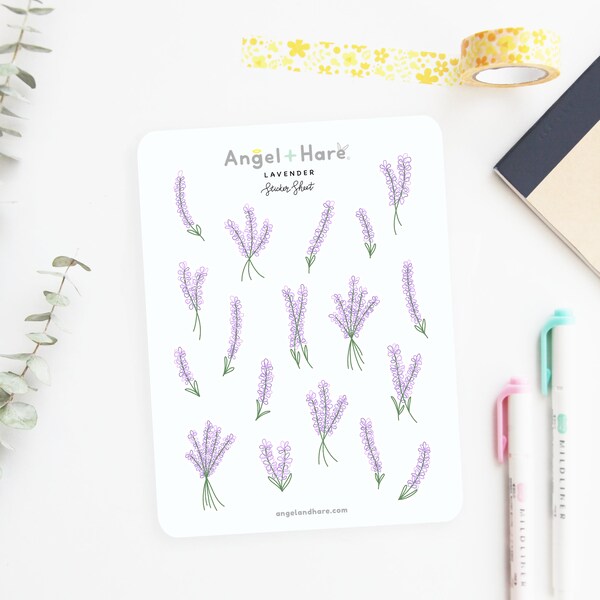 Lavender Sticker Sheet | Clear Frosted Matte Stickers Line Drawing Florals Purple Botanical Flower Leaves Cute Bullet Journal Deco Summer