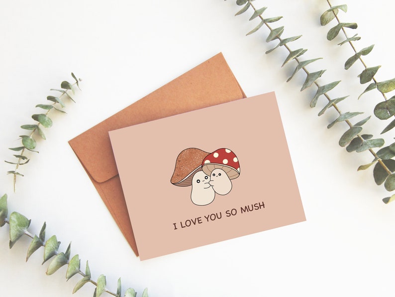 I Love You So Mush Cute Mushroom Valentine's Card Love Friendship Mother's Day Anniversary Card Mushrooms Hugging Funny Pun Greeting Card image 1