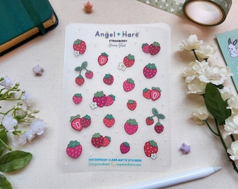 Erdbeere | Wasserdichtes klares Aufkleberblatt Ästhetik Journal Mini Deco Aufkleber Planer Schreibwaren Erdbeeren Girly Obst Aufkleber