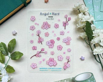 Foglio di adesivi Sakura / Adesivi trasparenti impermeabili Cherry Blossom Aesthetic Journal Mini adesivi decorativi Planner Cancelleria Fiori rosa