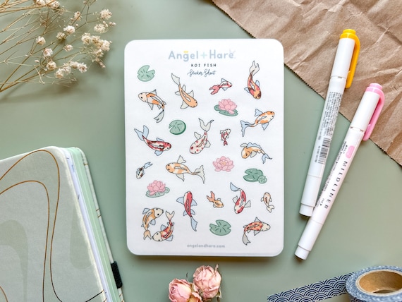 Koi Fish Sticker Sheet | Clear Koi Fish Lotus Flowers Lily Pads Stickers Matte Journal Stickers Transparent Cute Bujo Deco Planner
