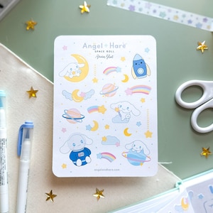 Space Roll Sticker Bogen | Verträumte Himmlische Aufkleber Niedliche Weißer Zimthund Weltraum Mond Sternschnuppen Planeten Raketen Kawaii Aufkleber