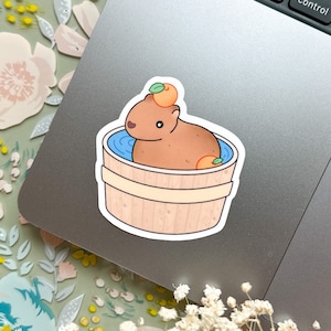 Peut inclure: Autocollant représentant un capybara de dessin animé se relaxant dans un bain chaud en bois. Le capybara est brun avec un fruit orange sur la tête et dans l'eau. Le bain chaud a de l'eau bleue et est en bois clair.