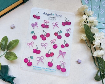 Cherry Bows | Waterproof Clear Sticker Sheet Aesthetic Journal Mini Deco Stickers Coquette Girly Pink Planner Stationery